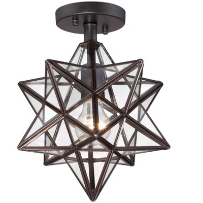 Franklin Iron Works Modern Semi Flush Mount Ceiling Light Fixture Black Iron Star 11" Wide Clear Glass for Bedroom Living Room