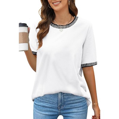 Womens Short Sleeve Top Color Block Ribbed Round Neck Knit Casual T Shirt