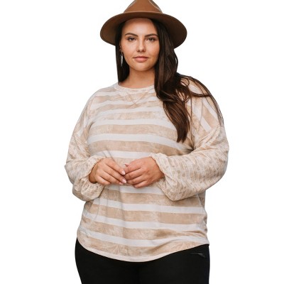 Slickblue Plus Size Stripe French Terry Top with Contrast Long Sleeves, Round Neck, Taupe/Dusty Pink, Size 1XL-3XL