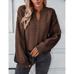 Women's Winter Chunky V Neck Long Sleeve Loose Cable Knit Sweater Pullover - 1 of 4