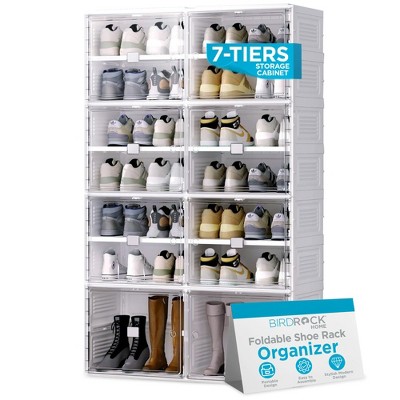 BIRDROCK HOME 7-Tier Shoe Rack for Closet | Freestanding Storage w/ 12 Small Clear Boxes & 2 Large Cubes, Foldable for Boots, Heels - White