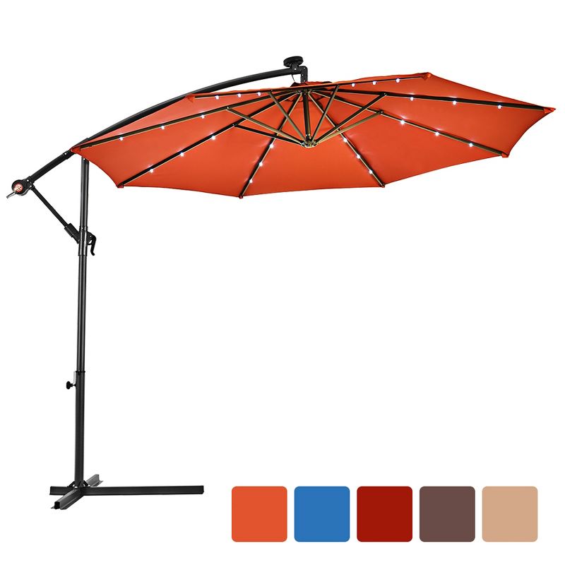 Costway 10' Hanging Solar LED Umbrella Patio Sun Shade Offset Market W/Base Orange, 2 of 8