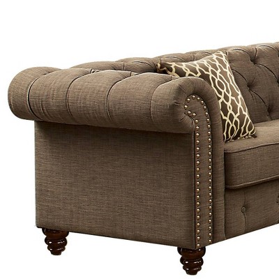 Aurelia Brown Tufted Linen Sofa with Rolled Arms