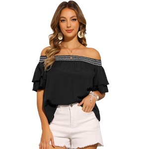 INSPIRE CHIC Women's Off Shoulder Ruffles Sleeves Smocked Summer Beach Boho Top - 1 of 4