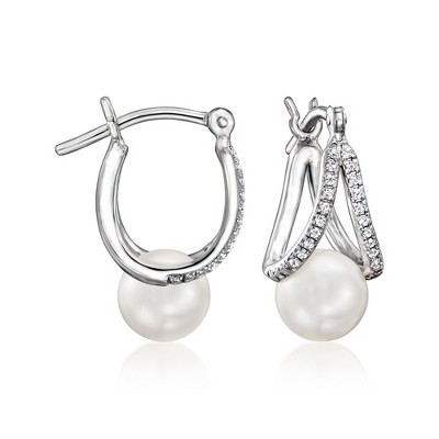 Ross-Simons 6.5-7mm Cultured Pearl and .10 ct. t.w. Diamond Double-Hoop Earrings in Sterling Silver