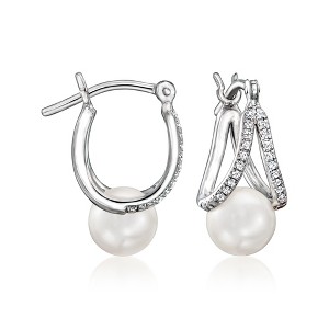 Ross-Simons 6.5-7mm Cultured Pearl and .10 ct. t.w. Diamond Double-Hoop Earrings in Sterling Silver - 1 of 3