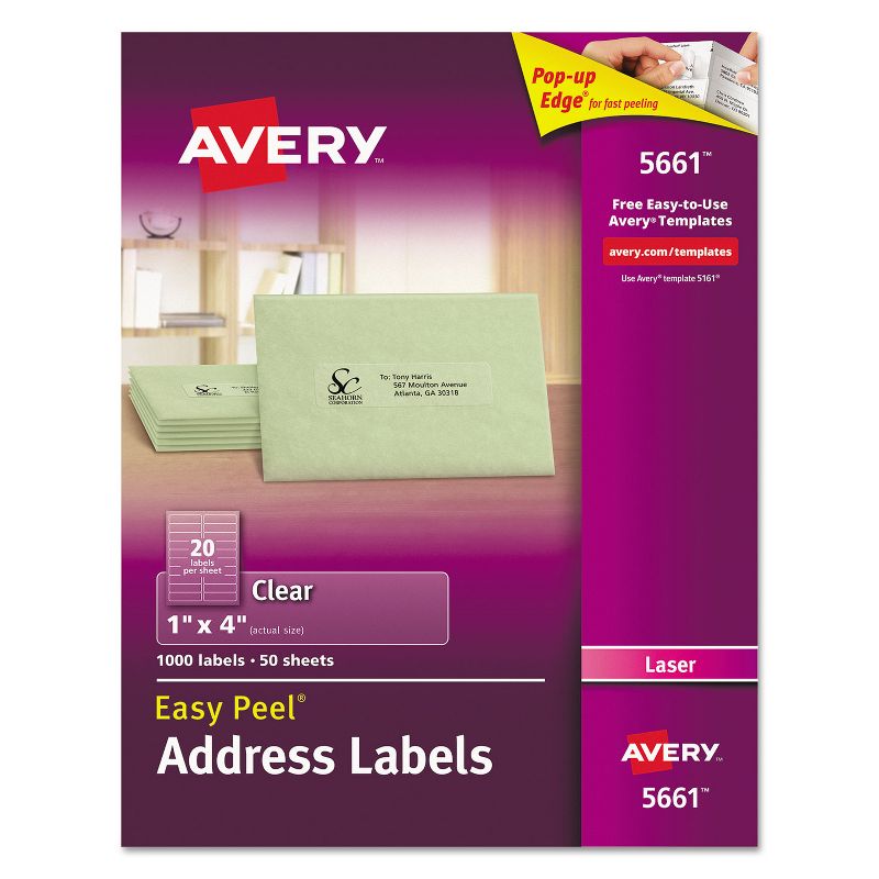 Avery Clear Easy Peel Address Labels Laser 1 x 4 1000/Box 5661, 1 of 9