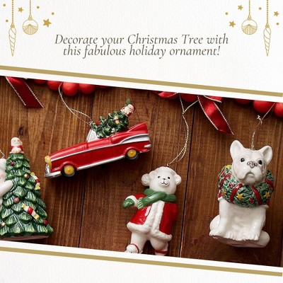Festive French Bulldog Porcelain Christmas Ornament with Red Bow