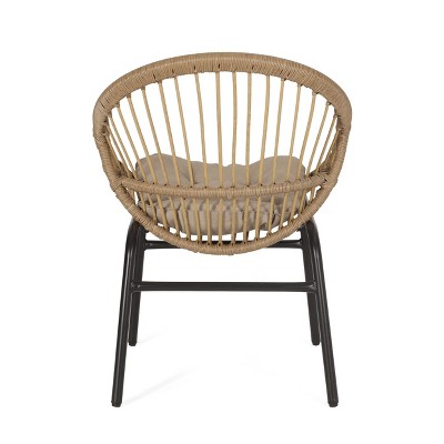 Set of 2 Light Brown Wicker Outdoor Dining Chairs with Beige Cushions