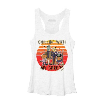 Women's Design By Humans Chillin with my creeps 80's style halloween characters By MerchHQ Racerback Tank Top