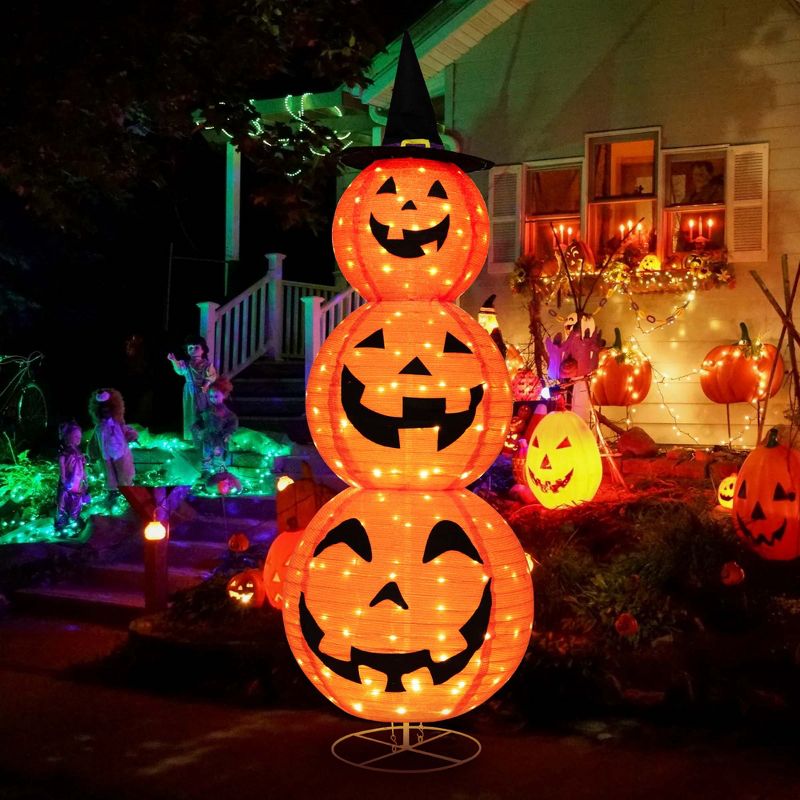 Costway 5 FT Halloween Pumpkin Decoration Triple Stacked Pre-Lit Combo w/ Witch Hat, 1 of 11