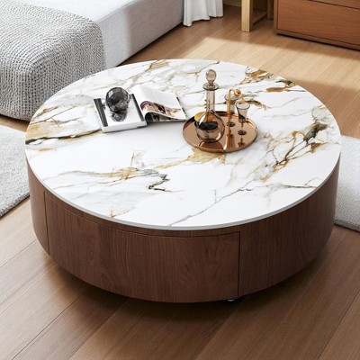 Mshliw 35.4" Round Rustic Coffee Table with Gold Nero Sintered Stone Top, 2 Soft-Close Drawers and Walnut Veneer Base for Modern Living Room