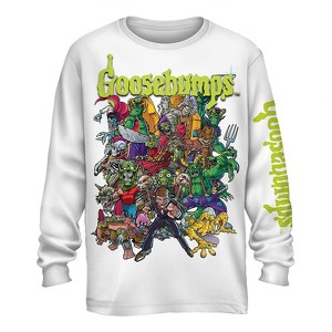 Mens Goosebumps Horror Mask Shirt - Goosebumps Book List Front and Back Mens Long Sleeve T-Shirt - 1 of 4