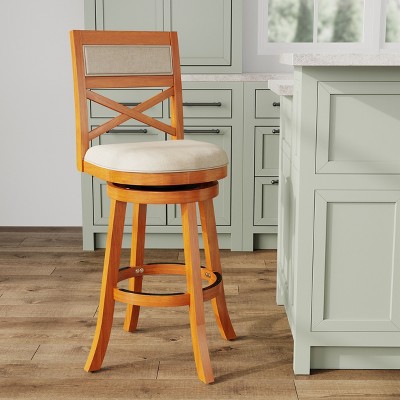 FURNIinspire Counter And Bar Stools Swivel Bar Stool Counter Stool, Vintage Bar Chair With Backrest, Natural Frame, Beige Fabric Seat, 24"*24"*45"