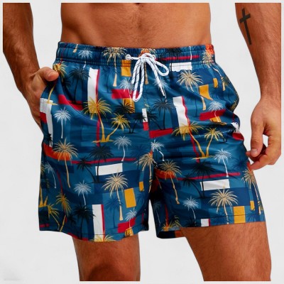 Anna-Kaci Men's Elastic Waist Swim Trunks with Colorblock Palm Tree Print and Adjustable Drawstring