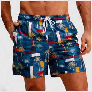 Anna-Kaci Men's Elastic Waist Swim Trunks with Colorblock Palm Tree Print and Adjustable Drawstring - 1 of 4