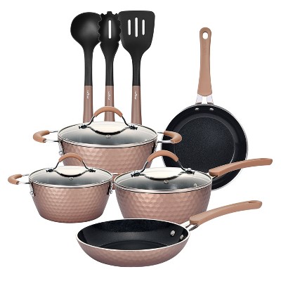 NutriChef NCCW11BD-SG 11 Piece Nonstick Ceramic Coating Diamond Pattern Kitchen Cookware Pots and Pan Set with Lids and Utensils, Allura Bronze