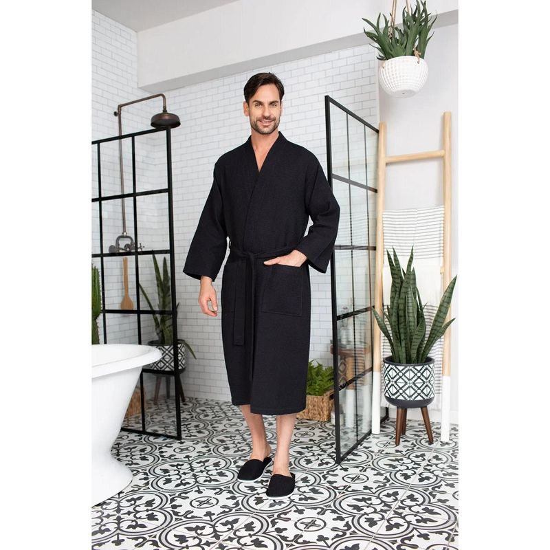 Lotus Linen Waffle Spa Bathrobe for Men - Absorbent, Lightweight Black XXL