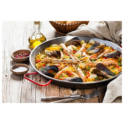 14-1/8" Silver Carbon Steel Paella Pan with Red Handles