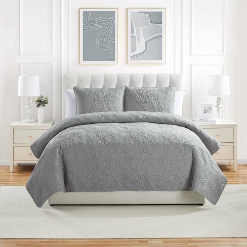 VCNY 3pc King Ocean Square Pinsonic Quilt Set Gray: Hypoallergenic, Embroidered, Nautical Style - image 1 of 4