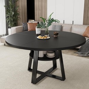 47.2" Round Farmhouse Dining Table with Storage Shelf - Seats 4-6, Kitchen & Dining Room Table with Bottom Storage,black - 1 of 4