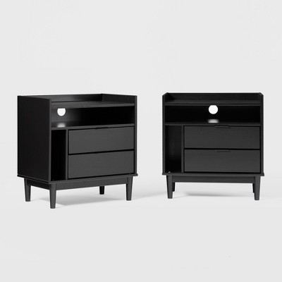 Saracina Home 2pk Mid-Century Modern Solid Wood 2 Drawer Storage Nightstands Black : Pine Frame, Metal Hardware, Rectangle Shape