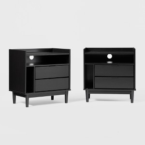 Saracina Home 2pk Mid-Century Modern Solid Wood 2 Drawer Storage Nightstands Black : Pine Frame, Metal Hardware, Rectangle Shape - 1 of 4