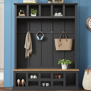 Whisen Freestanding Hall Tree with Shoe Bench, Storage Shelves and 3 Hanging Hooks - 1 of 4