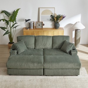 TiramisuBest 84" 3-Seater Corduroy Sofa w/ 3 Back Pillows, 2 Ottomans, Storage & Cup Grooves - Deep Plush Seating for Living Room,Army Green - 1 of 4