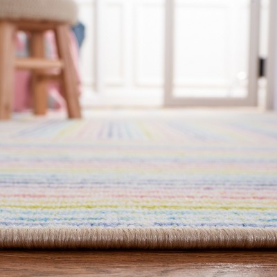 Ivory and Blue Geometric Stripes Kids Playhouse Rug, 6'7" x 9'