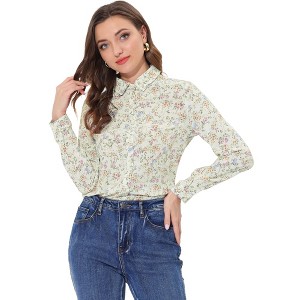 Allegra K Women's Point Collar Long Button Sleeve Button Down Floral Shirt - 1 of 4
