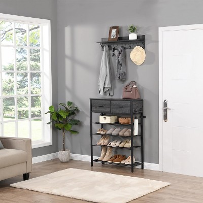 4-Tier Shoe Rack with 2 Drawers, Shoes Storage Rack One Set Hallway Show Rack with Storage and Hooks for Home Entry Way