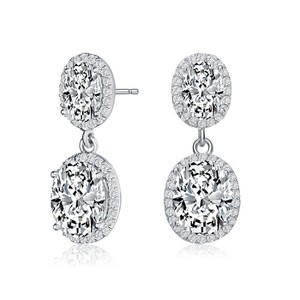 Guili Sterling Silver Rhodium Plated Two Clear Oval with Round Cubic Zirconia Halo Drop Earrings, a Mesmerizing and Classic Luxury Statement - 1 of 3