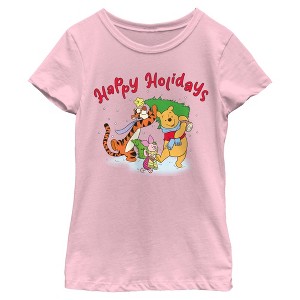 Girls Winnie the Pooh Happy and Merry Holiday Friends T Shirt - 1 of 4