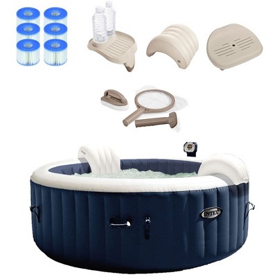 Intex 28405E PureSpa 58"x 28" 4 Person Home Outdoor Inflatable Portable Heated Round Hot Tub Bubble Jet Spa with 6 Filter Cartridges and Accessories