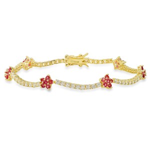 Sterling Silver CZ Pink Sapphire Floral Station Tennis Bracelet - 1 of 2
