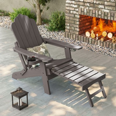 Sonkuki Folding Adirondack Chair with Retractable Ottoman, Fire Pit Patio Chair with Cup Holder Lawn Outdoor Lounge Chair