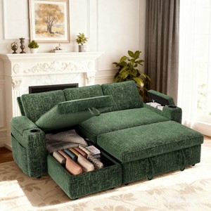 Dyonery 81-inch convertible sofa, with built-in cup holders and storage compartments in the armrests, hidden drawers, and a movable empress position - 1 of 4
