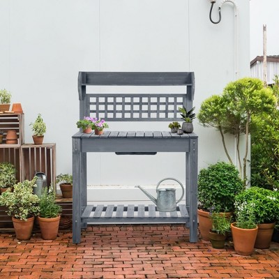 Gray Wooden Garden Potting Bench with Sliding Tabletop and Storage