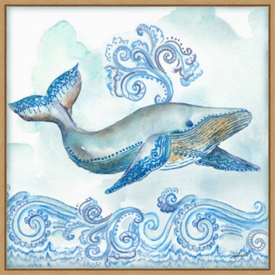 Boho Shells II Whale Blue Canvas Print with Maple Frame