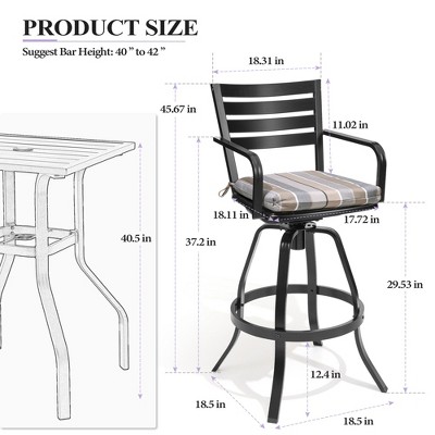 Black Cast Aluminum Swivel Bar Stools with Blue Cushions, Set of 2