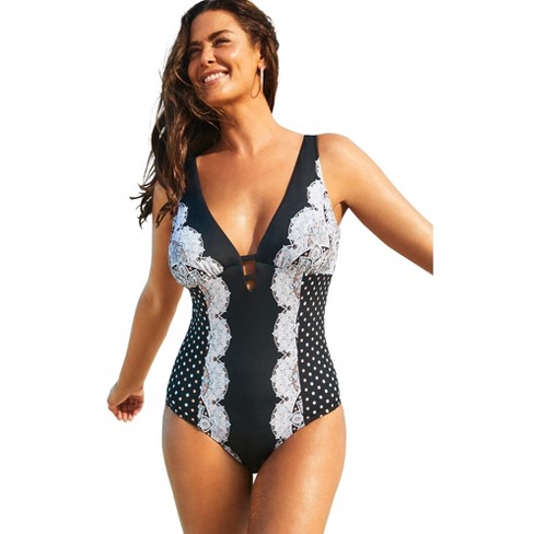 Swimsuits For All Women's Plus Size Lace Plunge One Piece Swimsuit