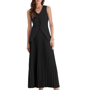 INSPIRE CHIC Women's Summer Outfits V Neck Sleeveless Button Vest Maxi Pleated Skirts Set 2 Pieces - 1 of 4