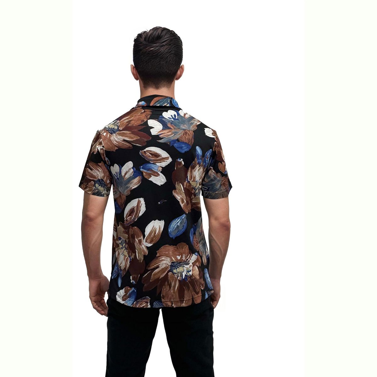 24seven men Wrinkle Resistant 3 Button Machine Washable Brown Floral Polo Shirt - thumbnail 3