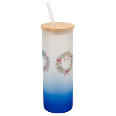 Elanze Designs 25 Ounce Frosted Glass Gradient Travel Tumbler With Straw and Wooden Lid, Christmas Bow Wreaths Navy Blue