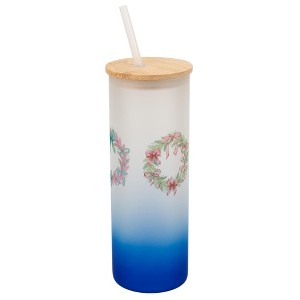 Elanze Designs 25 Ounce Frosted Glass Gradient Travel Tumbler With Straw and Wooden Lid, Christmas Bow Wreaths Navy Blue - 1 of 1