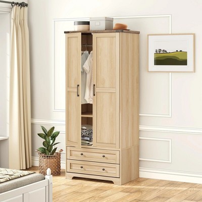 Brafabhome Modern Wood Armoire Wardrobe Closet with 2 Doors, Freestanding Wardrobe Clothes Cabinet with Drawers and Hanging Rod for Bedroom | White
