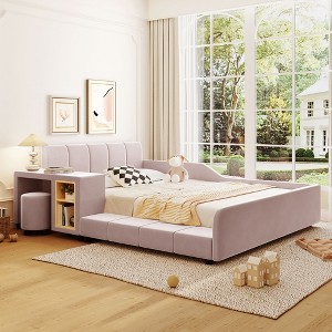 Full/Queen Size Velvet Upholstered Grounded Bed Frame, Mother & Child Platform Bed with Bedside Desk and Little Round Stool - ModernLuxe - 1 of 4