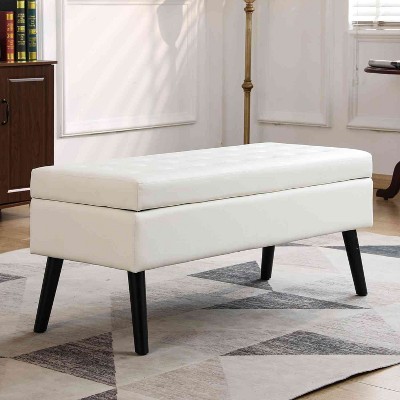 CAVINAS Storage Bench for Bedroom,Linen Fabric Storage Ottoman Bench with Tufted Top and Wood Legs for Living Room,Bedroom