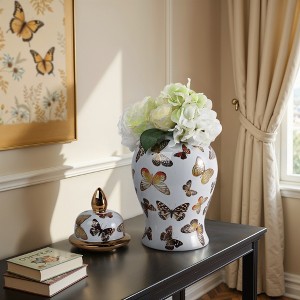 Decorative Butterfly Ceramic Temple Jar with Lid for Living Room Decor - Versatile Jar or Vase for Room, House, and Table Decor - Multi - 1 of 4